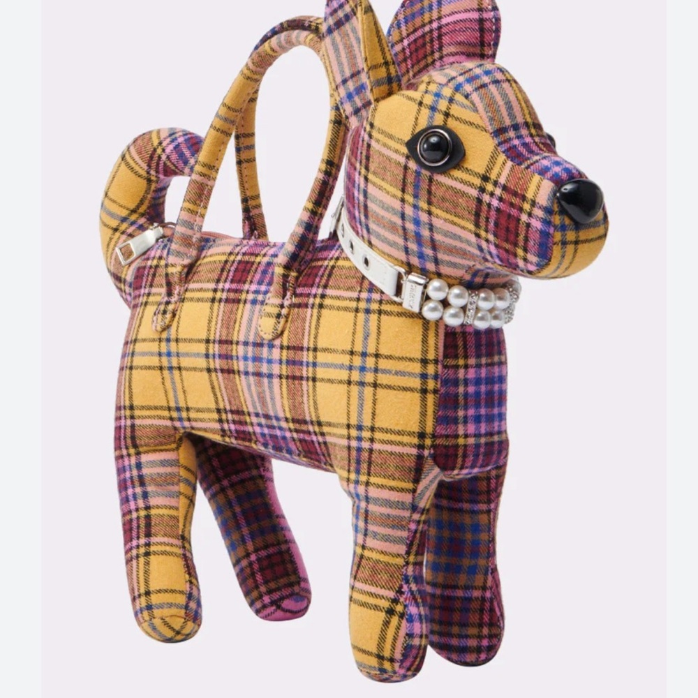 Akira too posh Plaid Yellow & Pink Dog Plush Tote with Pearl Collar
